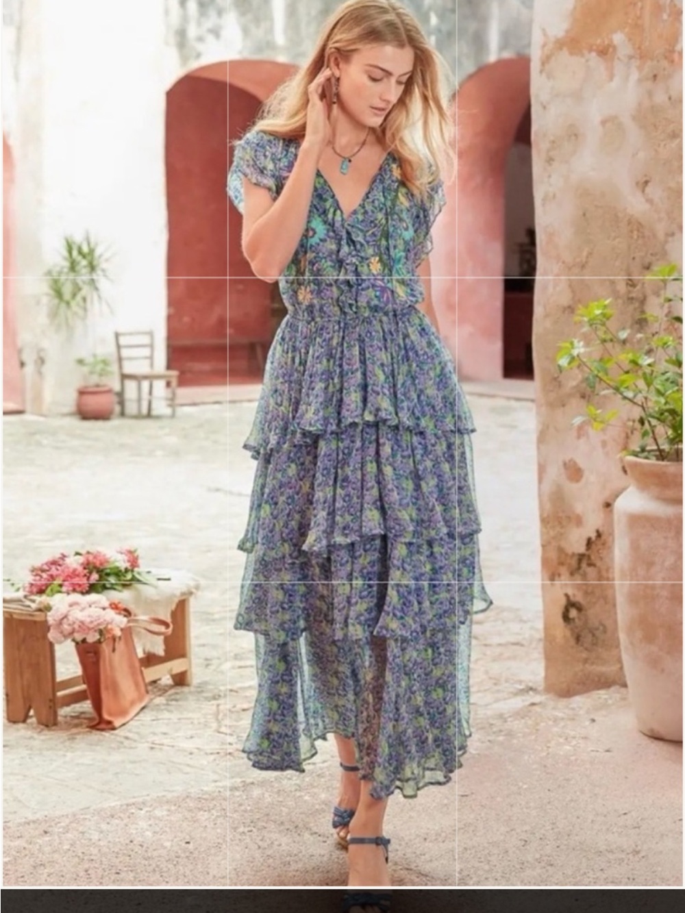 Boho Floral Tiered Maxi Dress - Blue Green